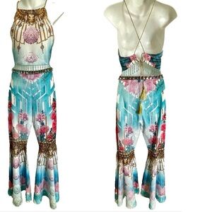 Fabulous NWOT Beaded STATUS Print Halter TOP & PALAZZO PANT SET Size Small